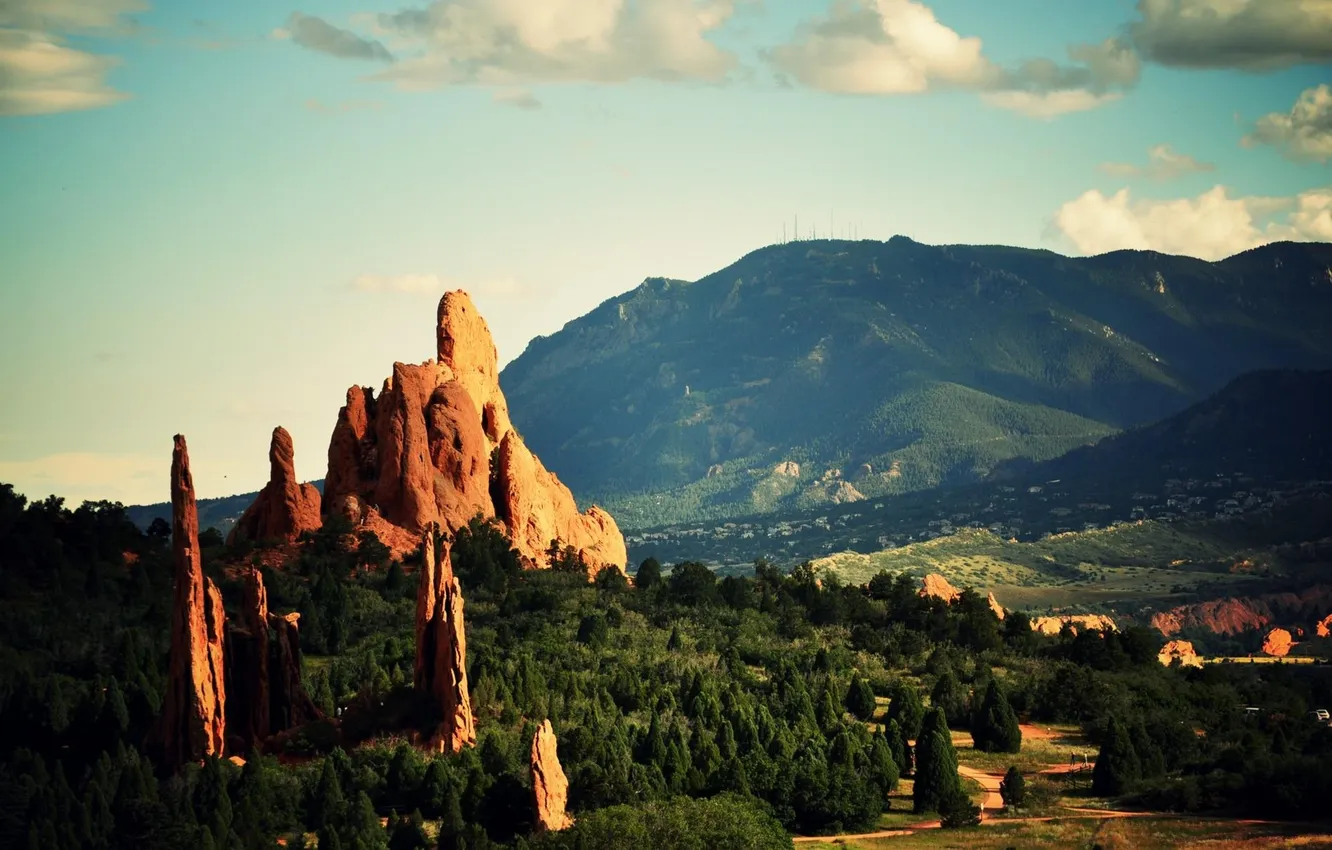 Photo wallpaper road, forest, the sky, landscape, mountains, nature, hills