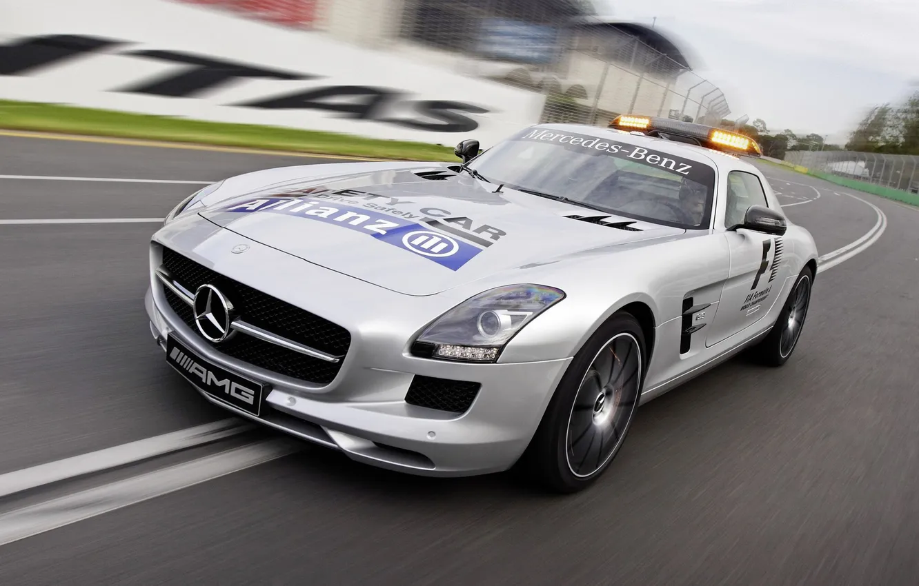 Photo wallpaper auto, lights, Mercedes-Benz, speed, AMG, SLS, the front, siren