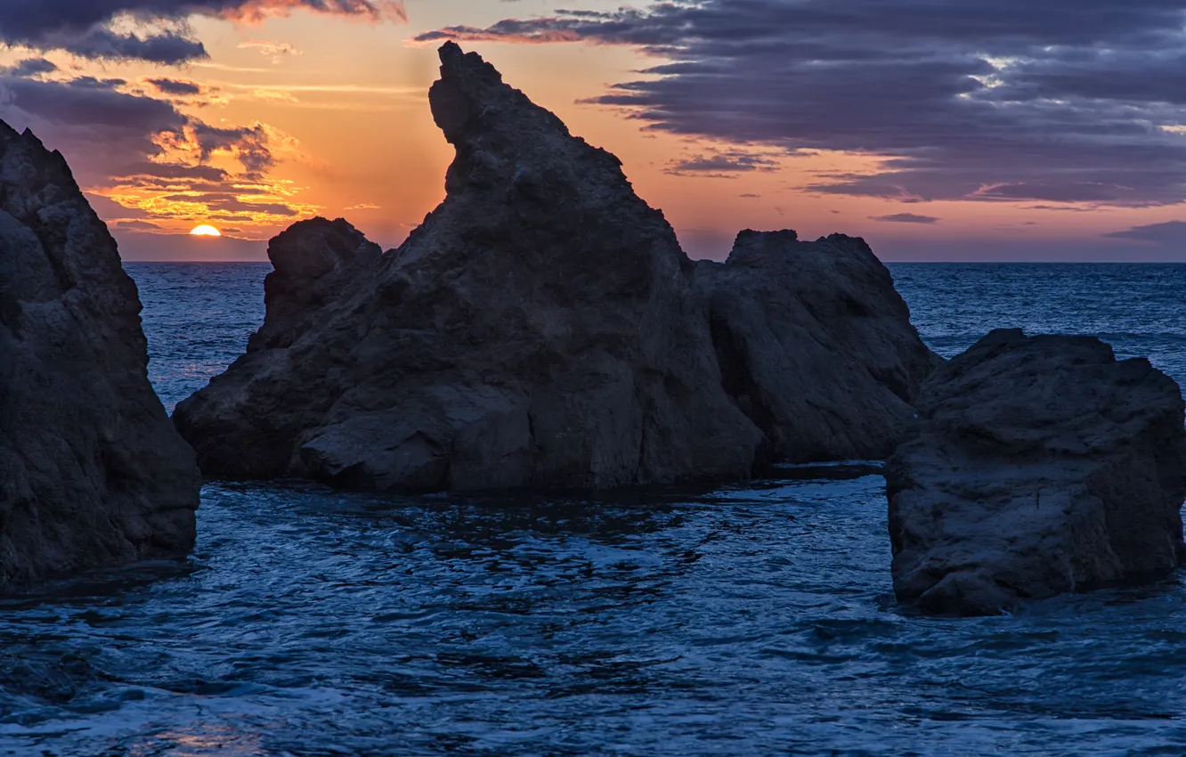 Photo wallpaper the ocean, rocks, dawn, USA, Pacifica, Mori Point