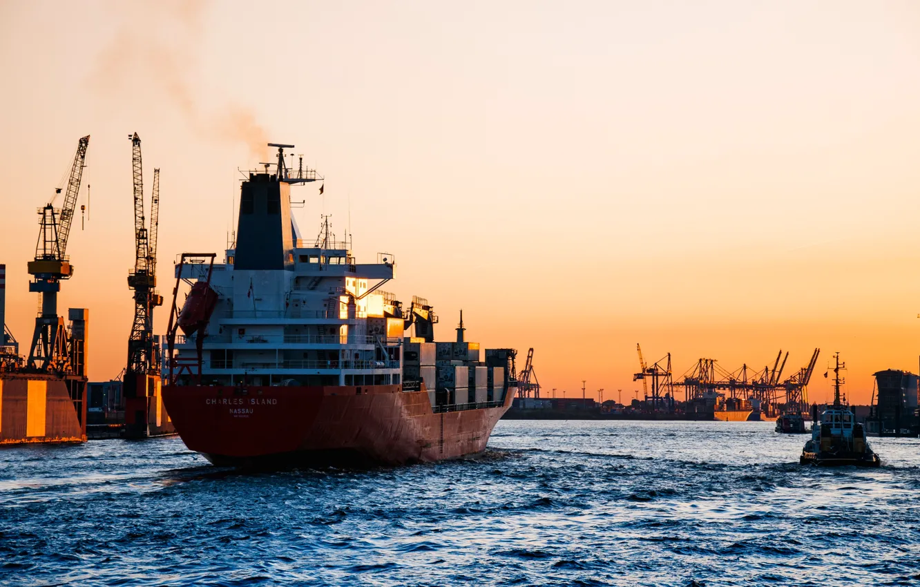 Photo wallpaper sunset, tug, the evening, port, The ship, The refrigerator, Container Ship, Charles Island