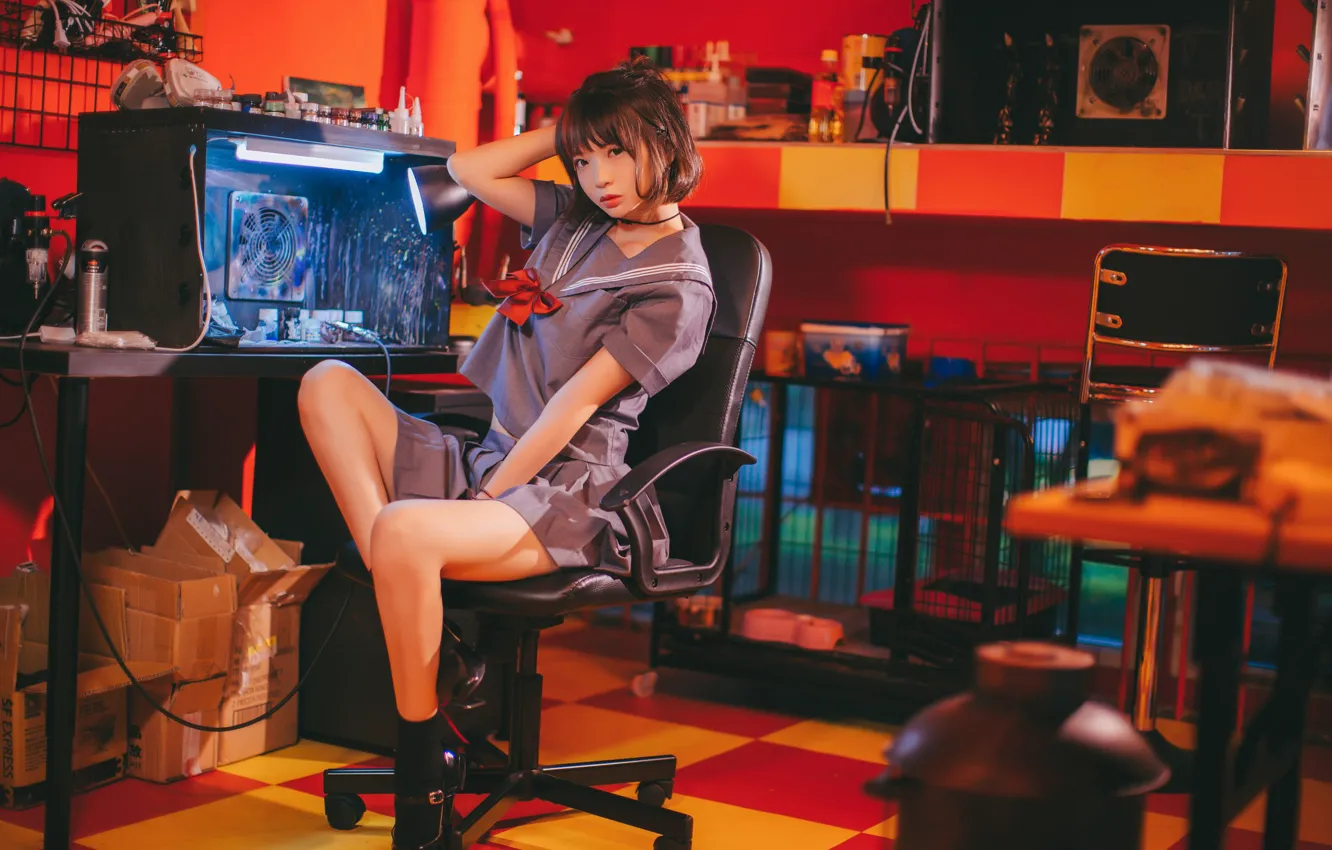 Photo wallpaper workshop, sitting in the chair, Japanese schoolgirl
