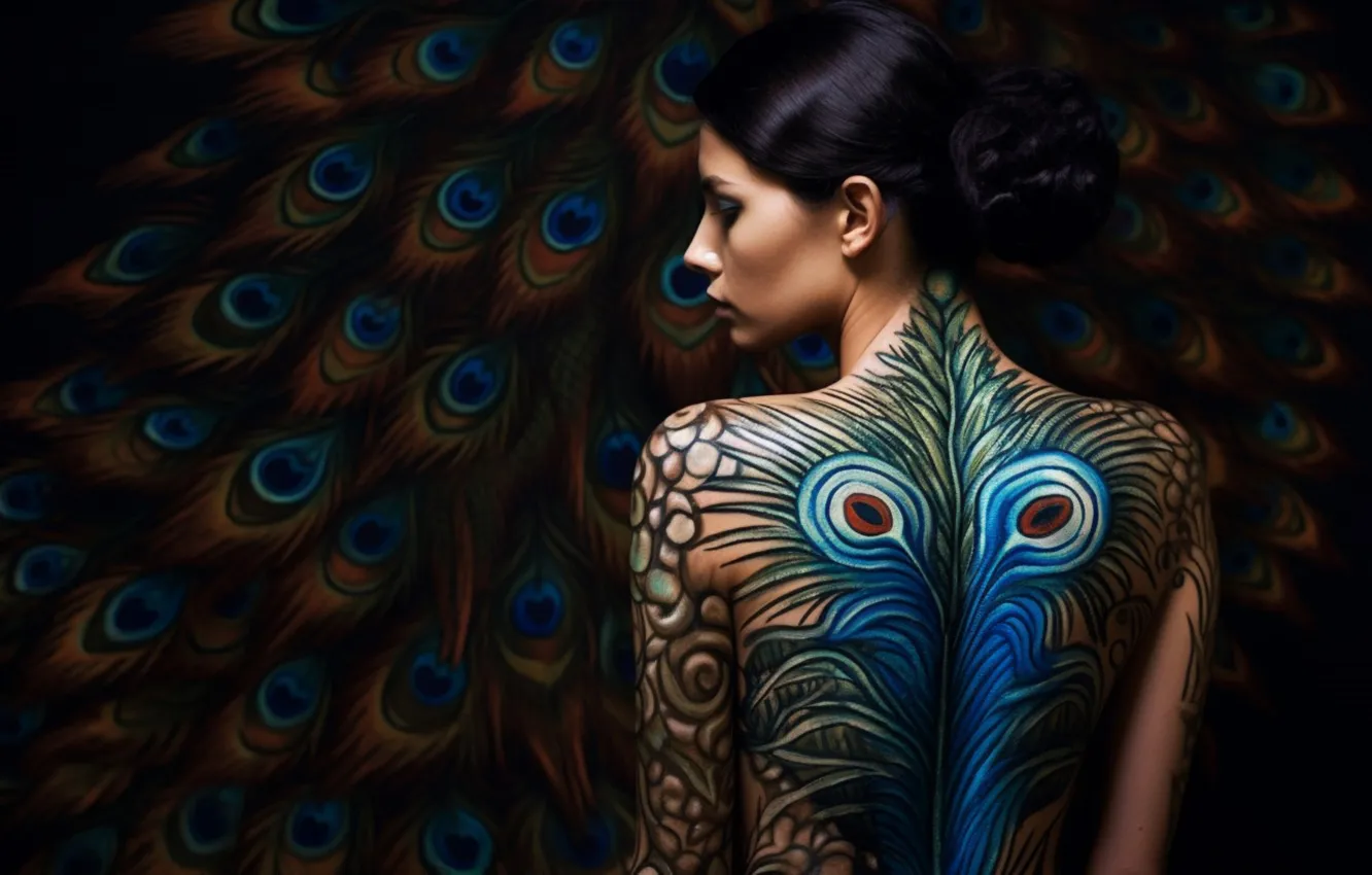 Photo wallpaper girl, AI art, painting, body art, peacock feathers