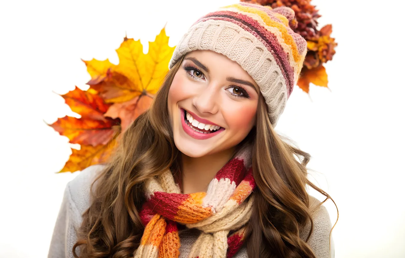 Photo wallpaper autumn, leaves, girl, smile, scarf, cap, AI art