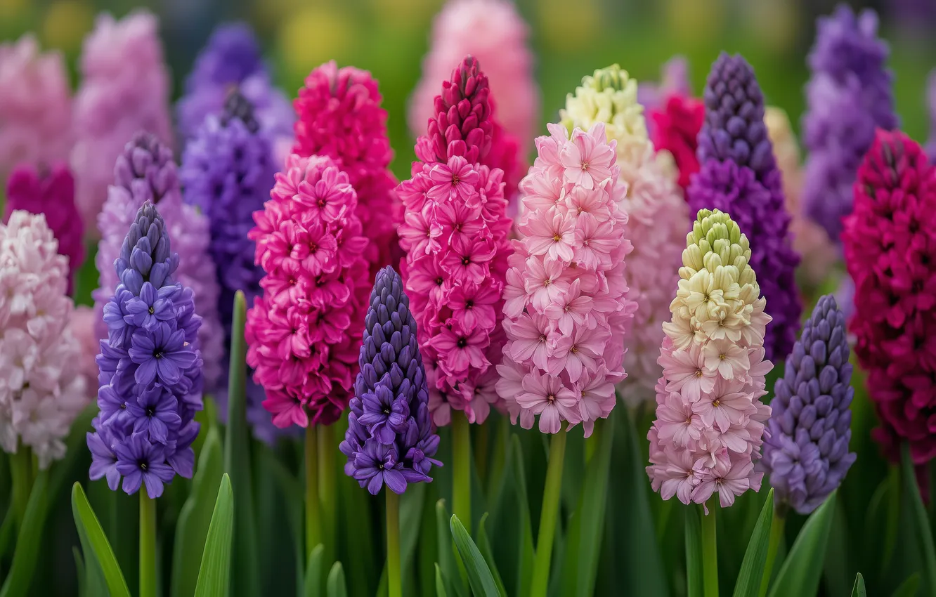 Photo wallpaper greens, purple, flowers, bright, spring, garden, pink, flowerbed
