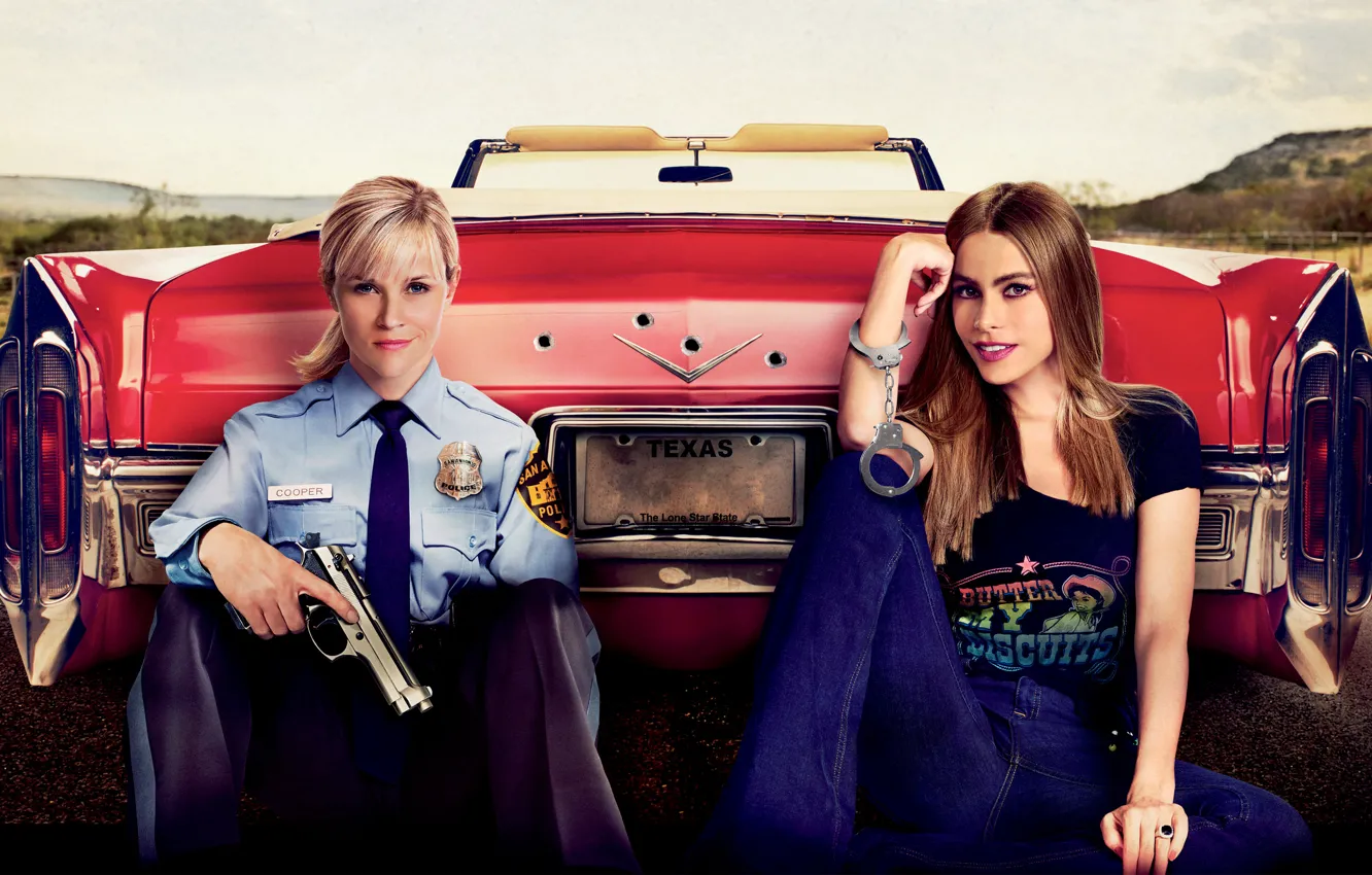 Photo wallpaper gun, girls, car, form, red, handcuffs, Hot Pursuit, police