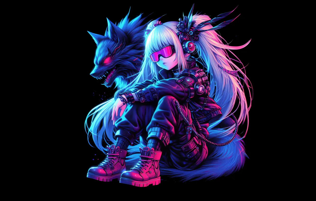 Photo wallpaper girl, wolf, little, Cyber
