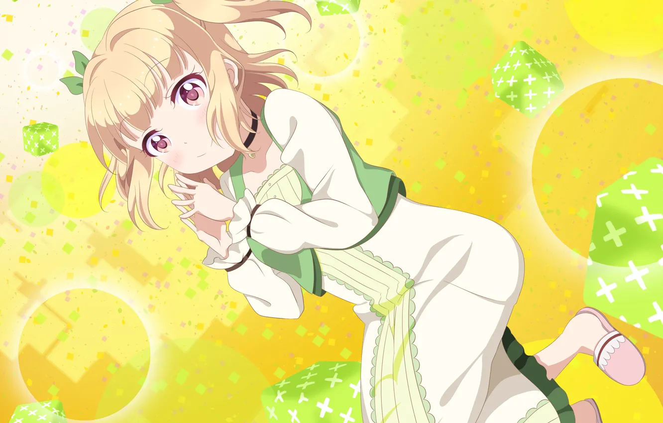 Photo wallpaper look, anime, girl, yellow background, Love Live School Idol Project, Living love