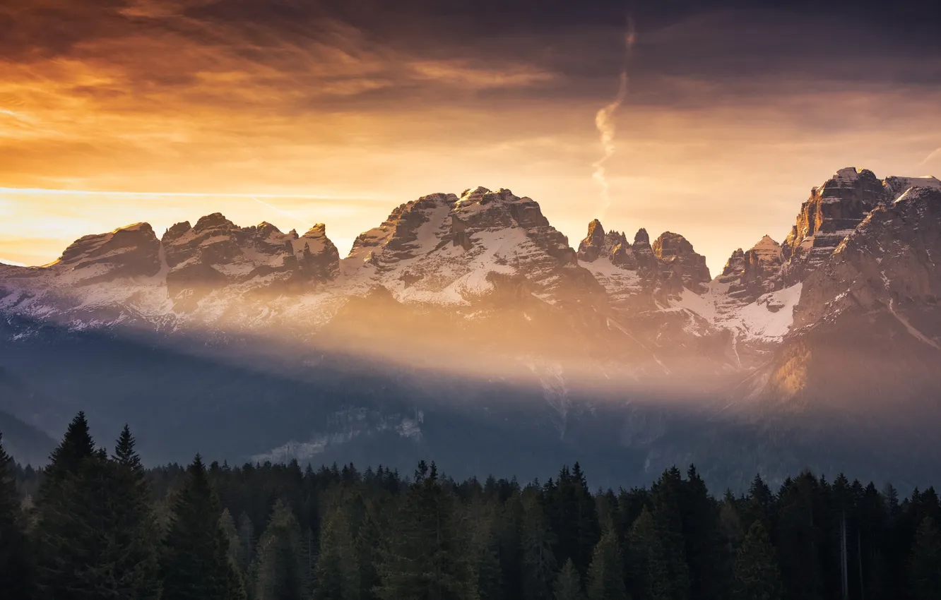 Photo wallpaper sunshine, trees, landscape, nature, wood, clouds, mountain, sunlight