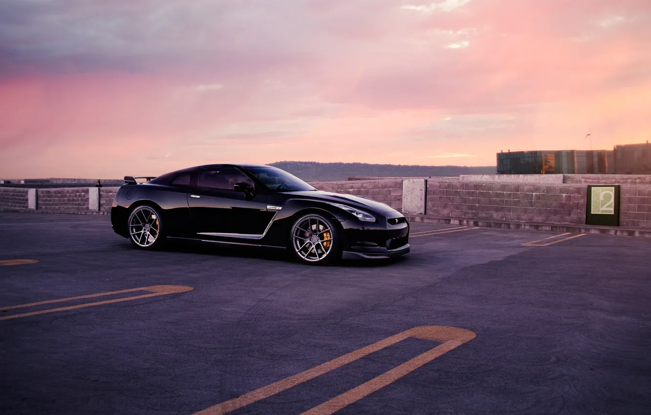 Photo wallpaper GTR, Nissan, Car, Wall, Front, Black, Sunset, Tuning