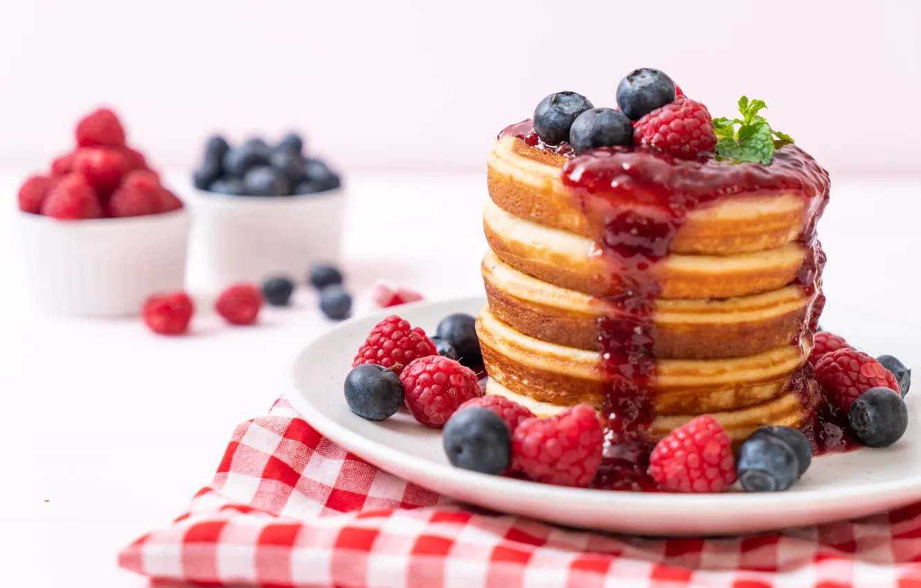Photo wallpaper berries, raspberry, blueberries, pancakes, berries, pancakes, pancake