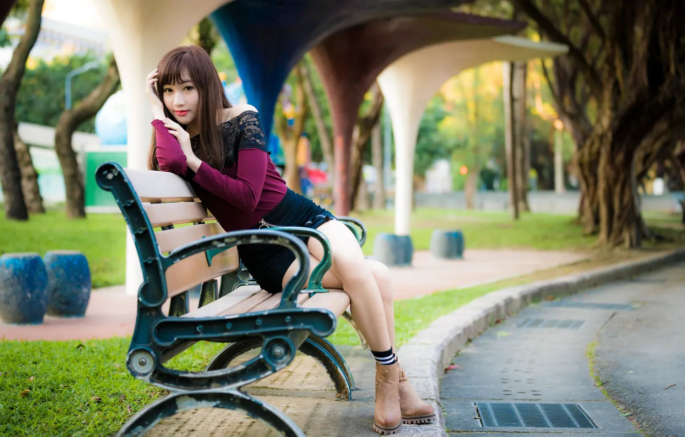 Photo wallpaper girl, pose, Park, Asian, bench, bokeh