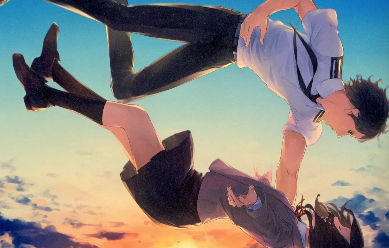 Photo wallpaper hands, tie, knee, students, weightlessness, in the sky, Kimi no VA On, Miyamizu Mitsuha