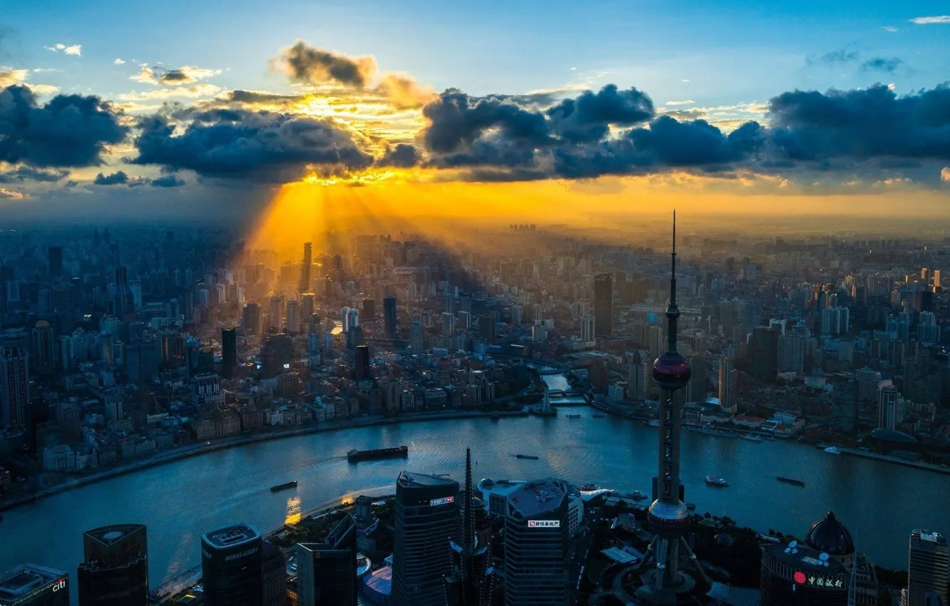 Photo wallpaper city, China, Shanghai, river, sky, clouds, sunrise, buildings