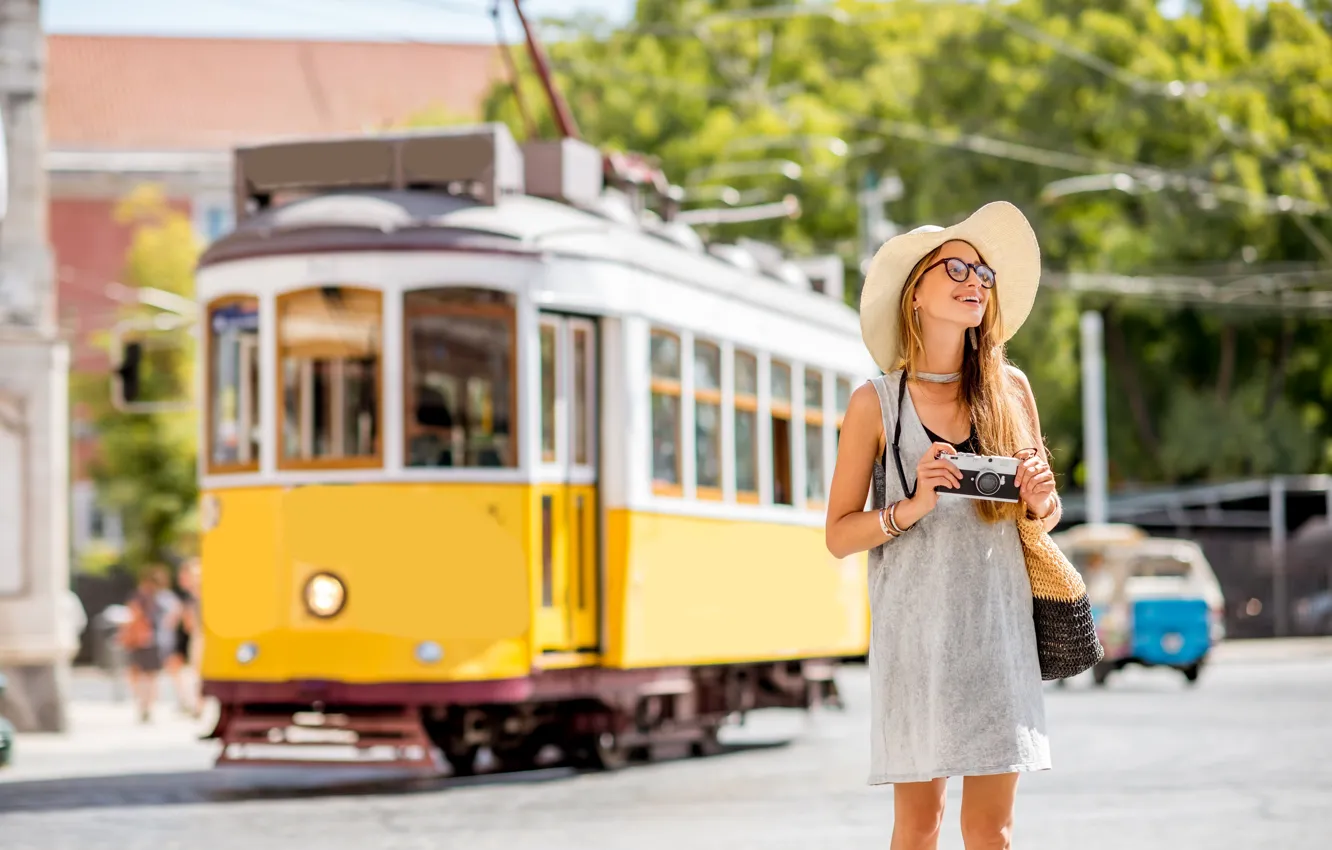 Photo wallpaper girl, smile, the camera, tram, Portugal, Lisbon, Portugal, Lisbon