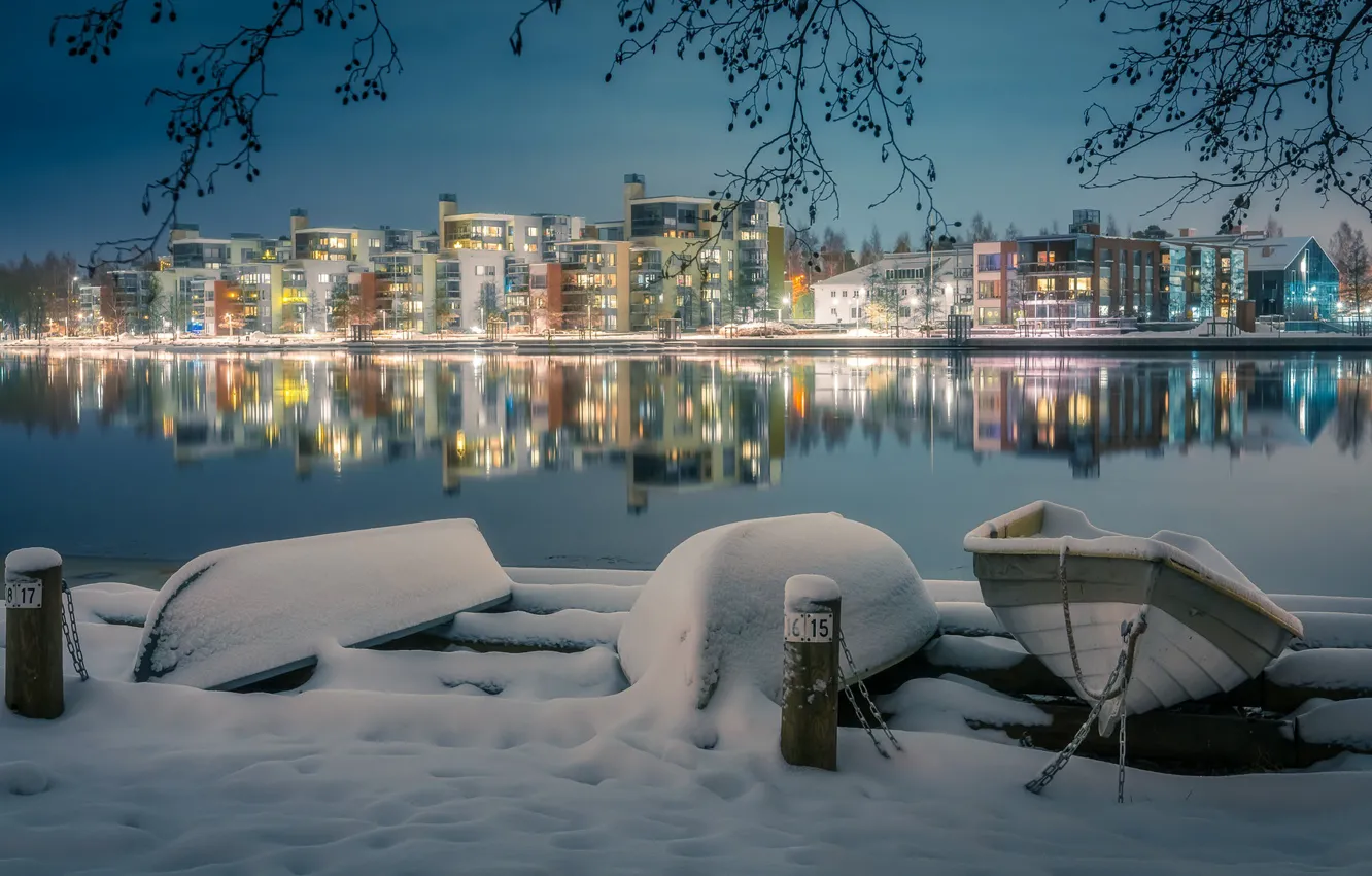 Photo wallpaper winter, lights, river, boat, the evening, Finland, Finland