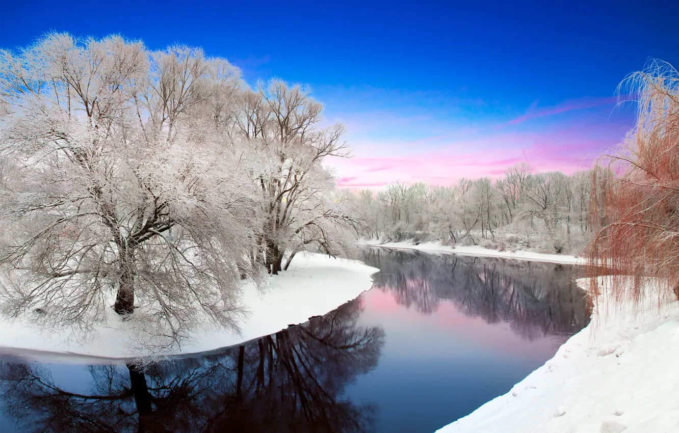Photo wallpaper winter, forest, the sky, water, snow, trees, reflection, river