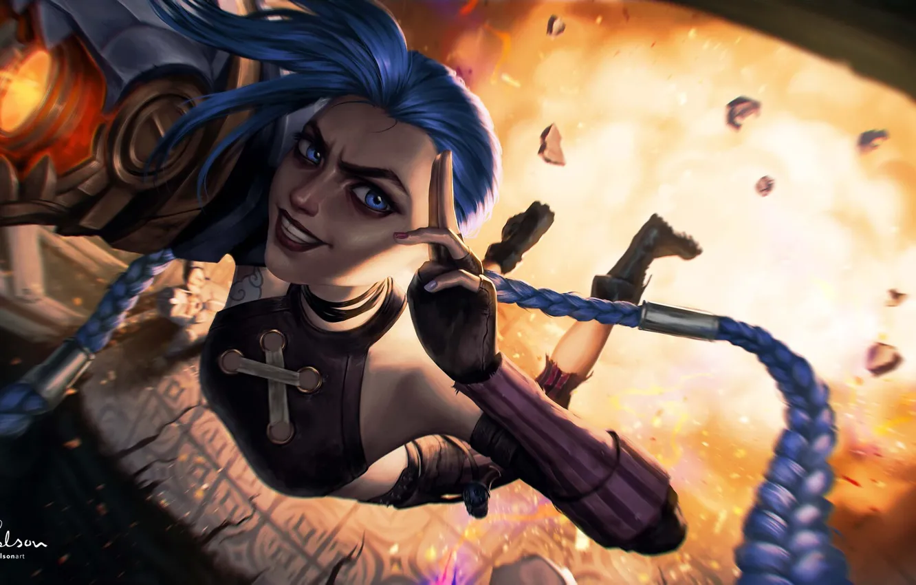 Photo wallpaper flight, weapons, blue eyes, gesture, blue hair, hooligan, League of Legends, fanart