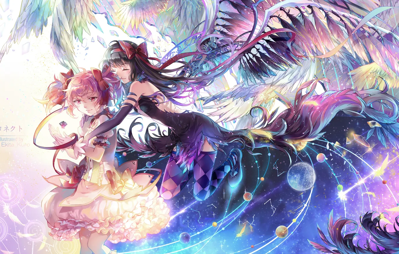 Photo wallpaper girls, planet, wings, anime, tears, art, mahou shoujo madoka magica, homura akemi