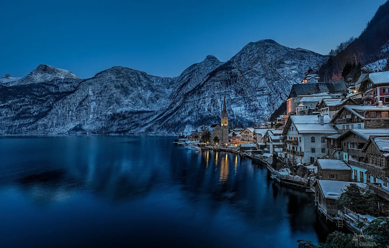 Photo wallpaper winter, snow, mountains, lake, the evening, Austria, Church