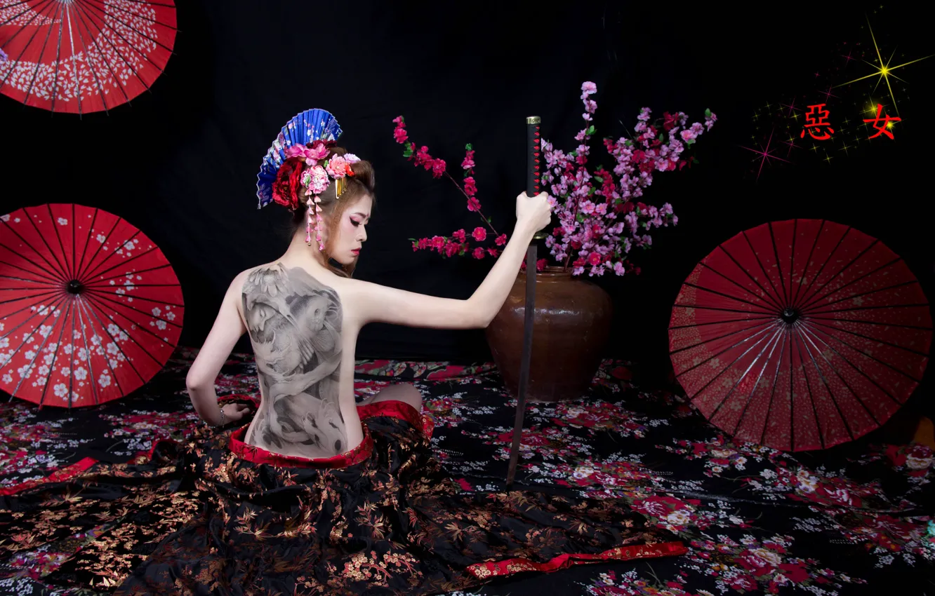 Photo wallpaper face, style, back, sword, katana, tattoo, Asian