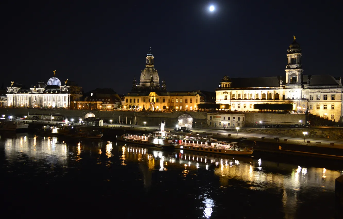 Photo wallpaper river, night lights, boat, home, Brühl's Terrace - Dresden