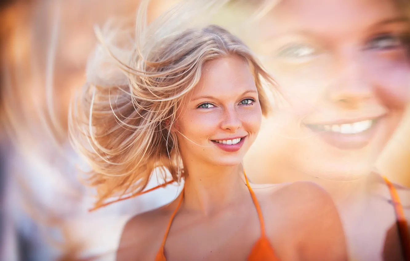 Photo wallpaper joy, smile, hair, portrait, stroke