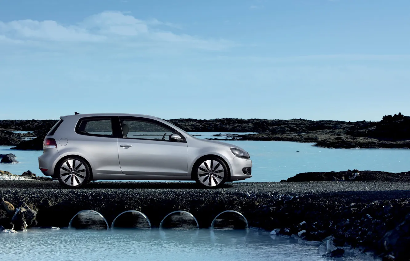 Photo wallpaper road, river, pipe, Stoke, volkswagen golf