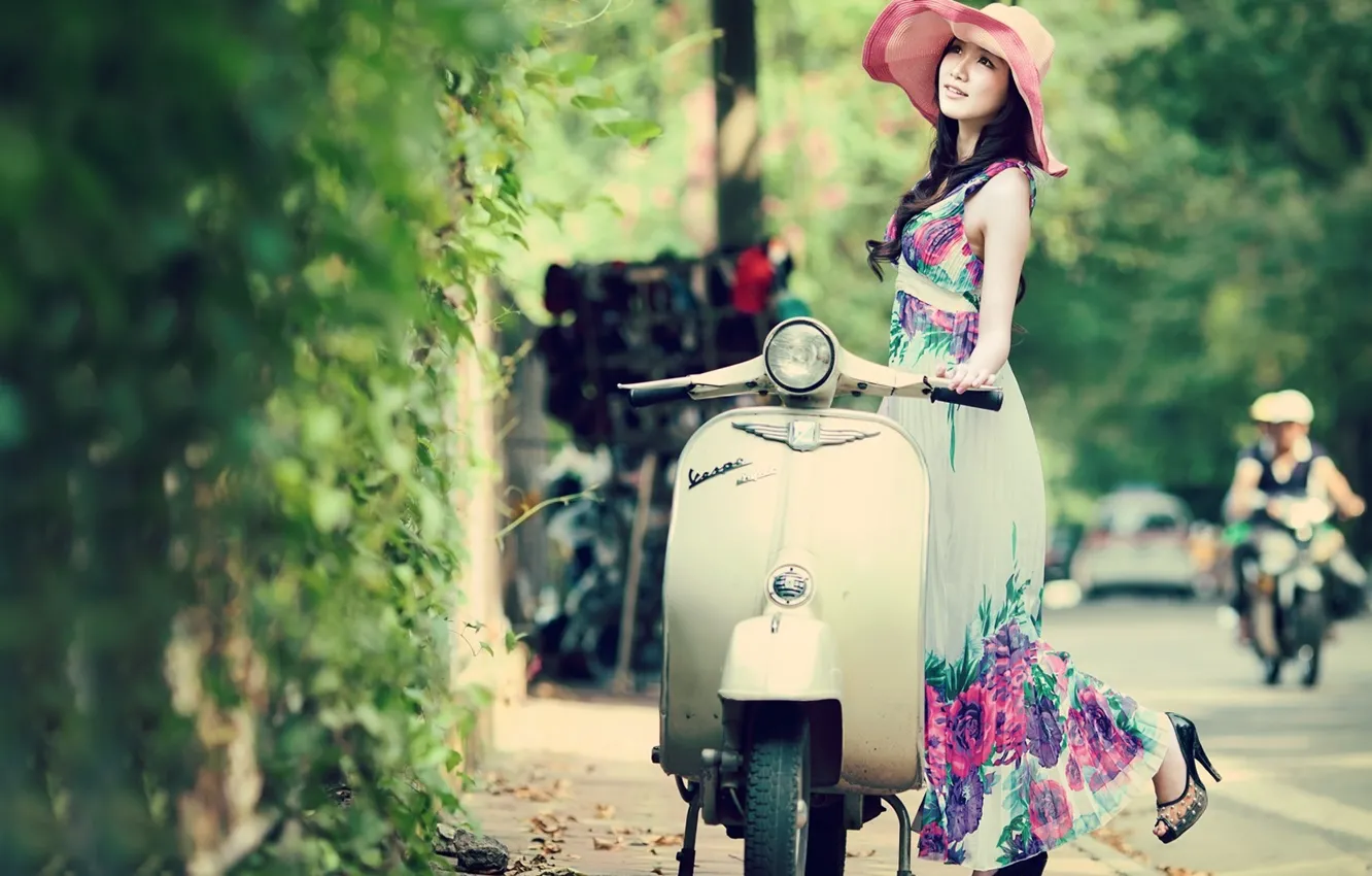 Photo wallpaper girl, vintage, beautiful, model, spring, vespa, asian