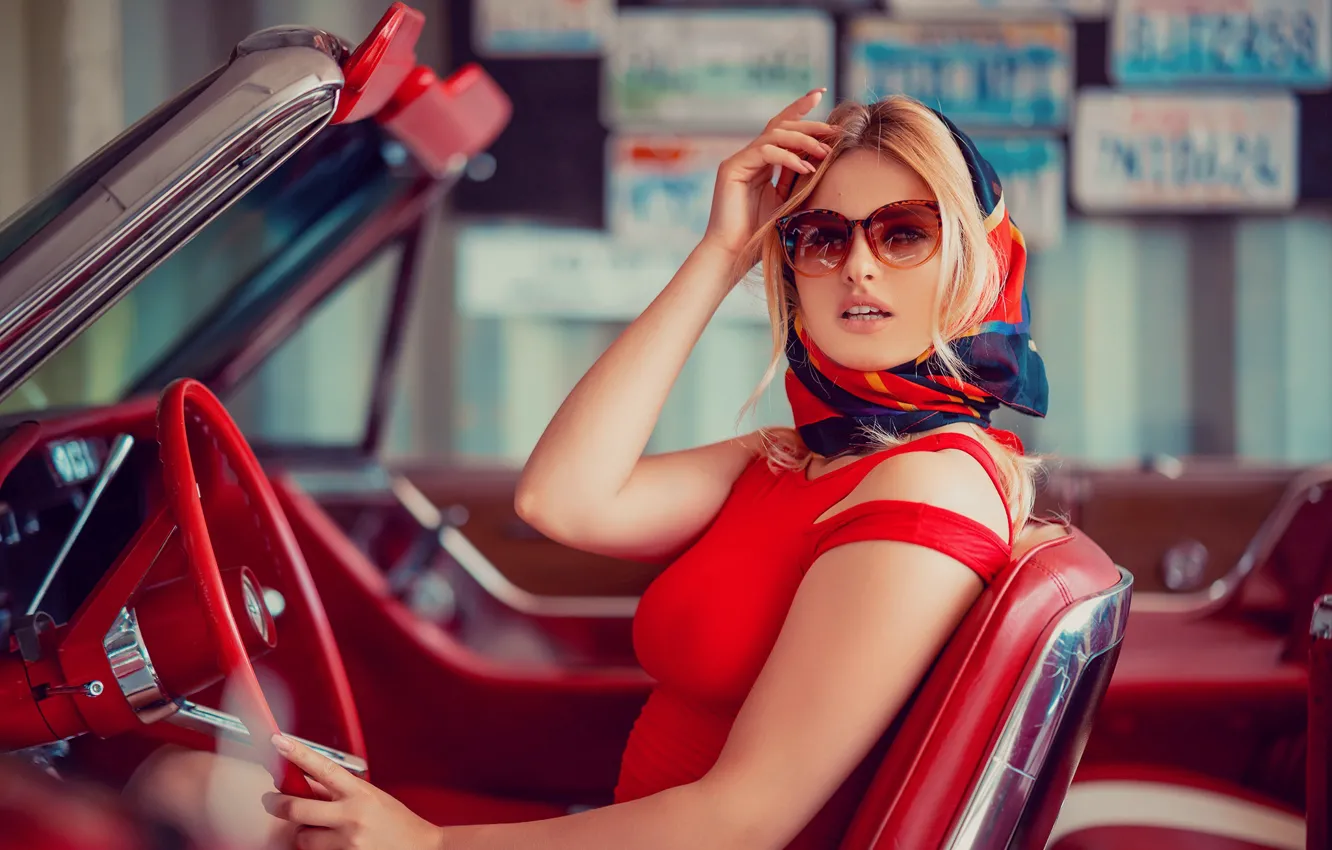 Photo wallpaper machine, girl, glasses, blonde, car, shawl, Soldier Janusz