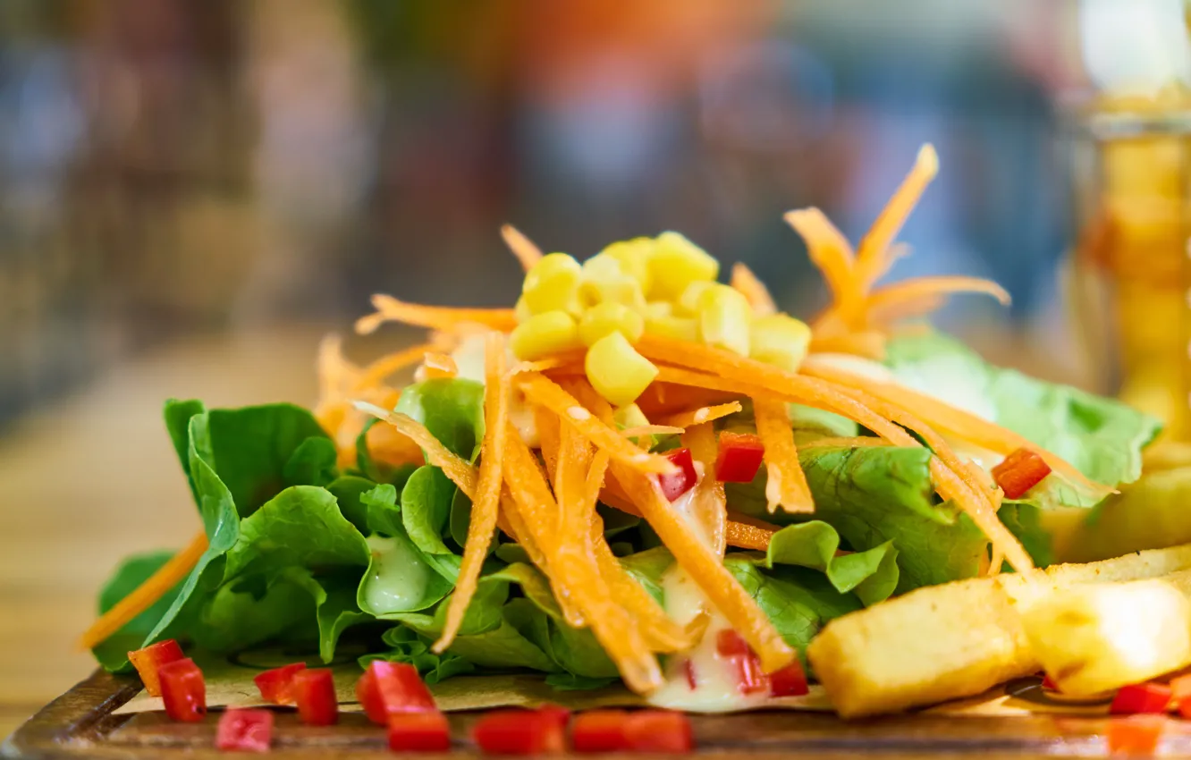 Photo wallpaper background, Board, food, corn, pepper, vegetables, carrots, bokeh
