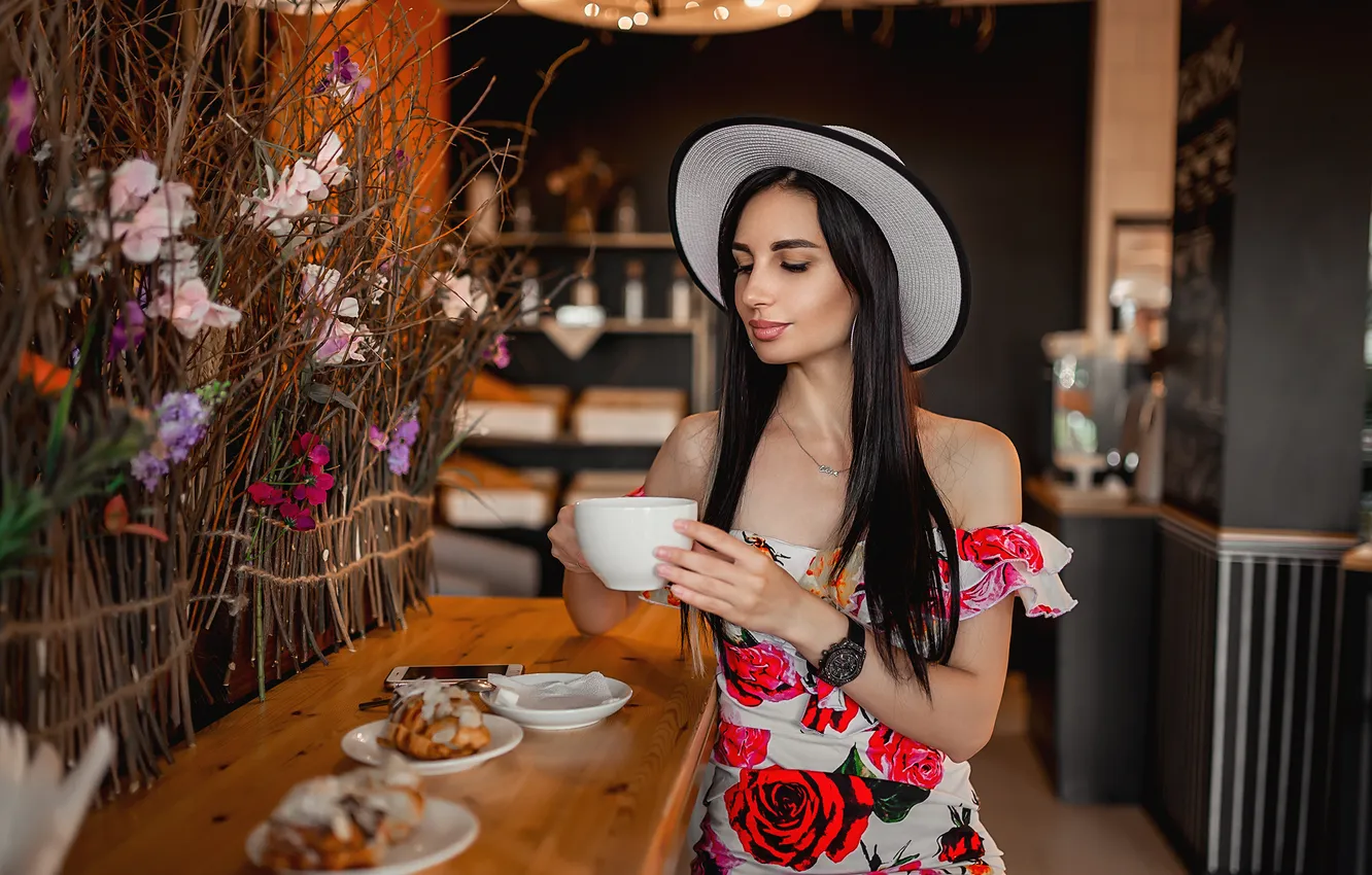 Photo wallpaper girl, table, model, hat, brunette, mug, A Diakov George