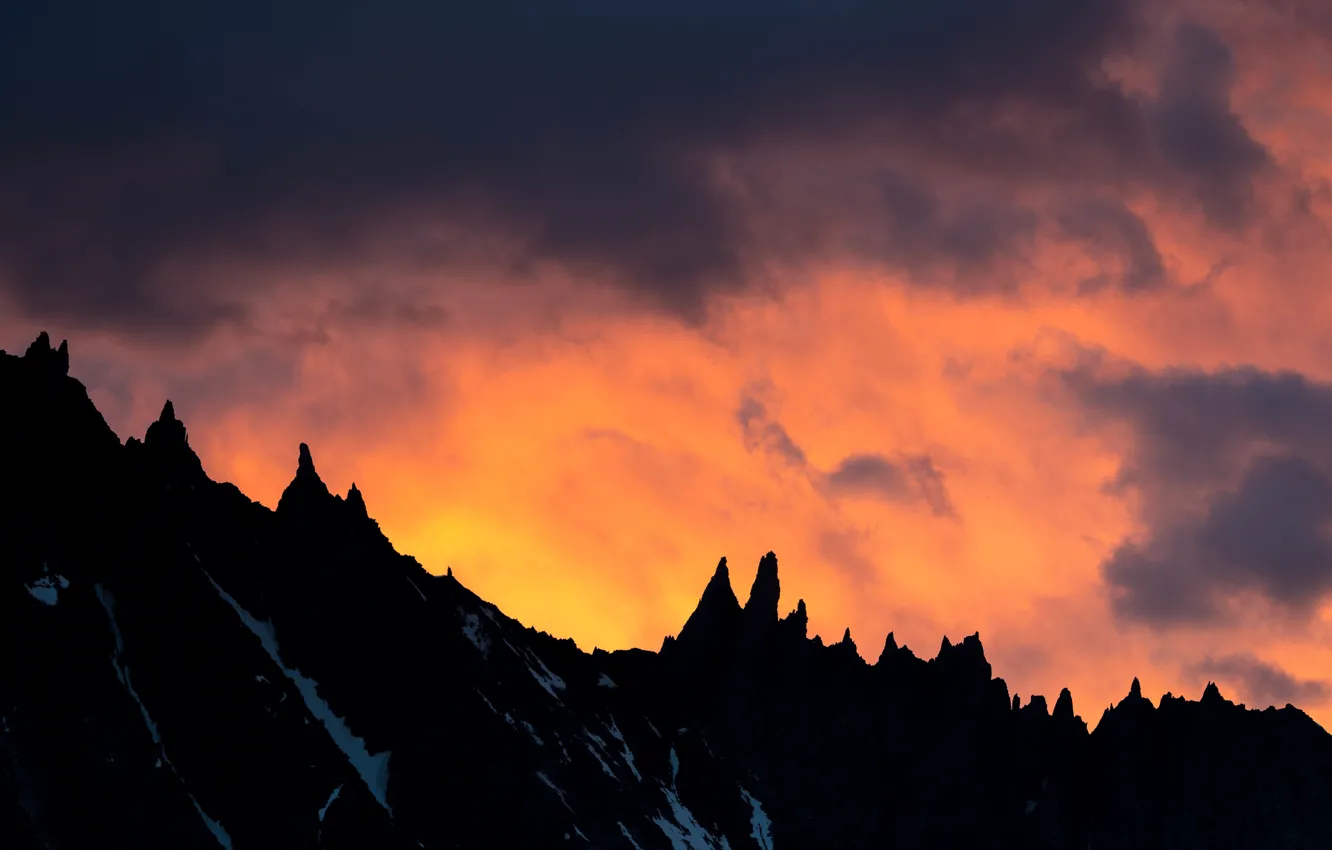 Photo wallpaper clouds, sunset, mountains, silhouette, orange sky