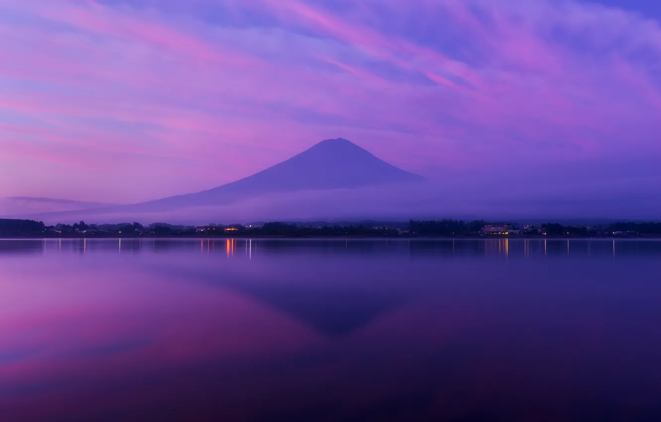 Photo wallpaper the sky, clouds, lights, reflection, lilac, shore, color, mountain