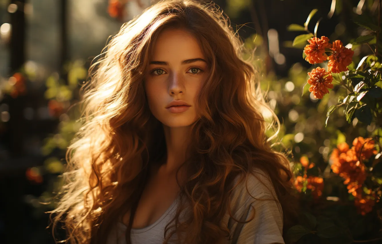 Photo wallpaper summer, look, girl, light, flowers, orange, nature, pose