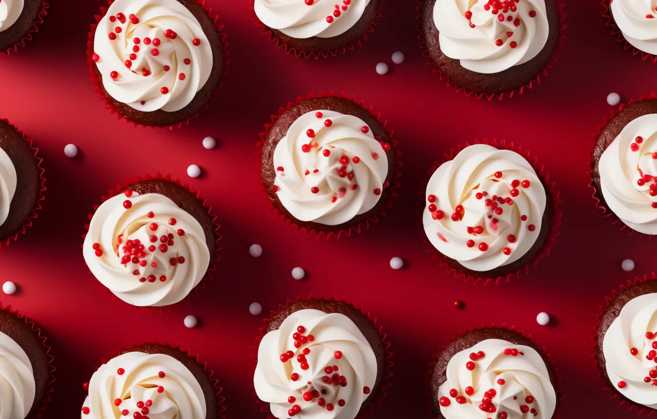 Photo wallpaper balls, cake, red background, cream, a lot, cupcakes, topping, AI art