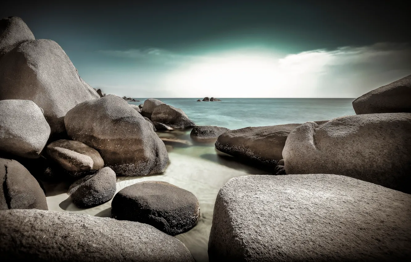 Photo wallpaper sea, stones, shore, boulders