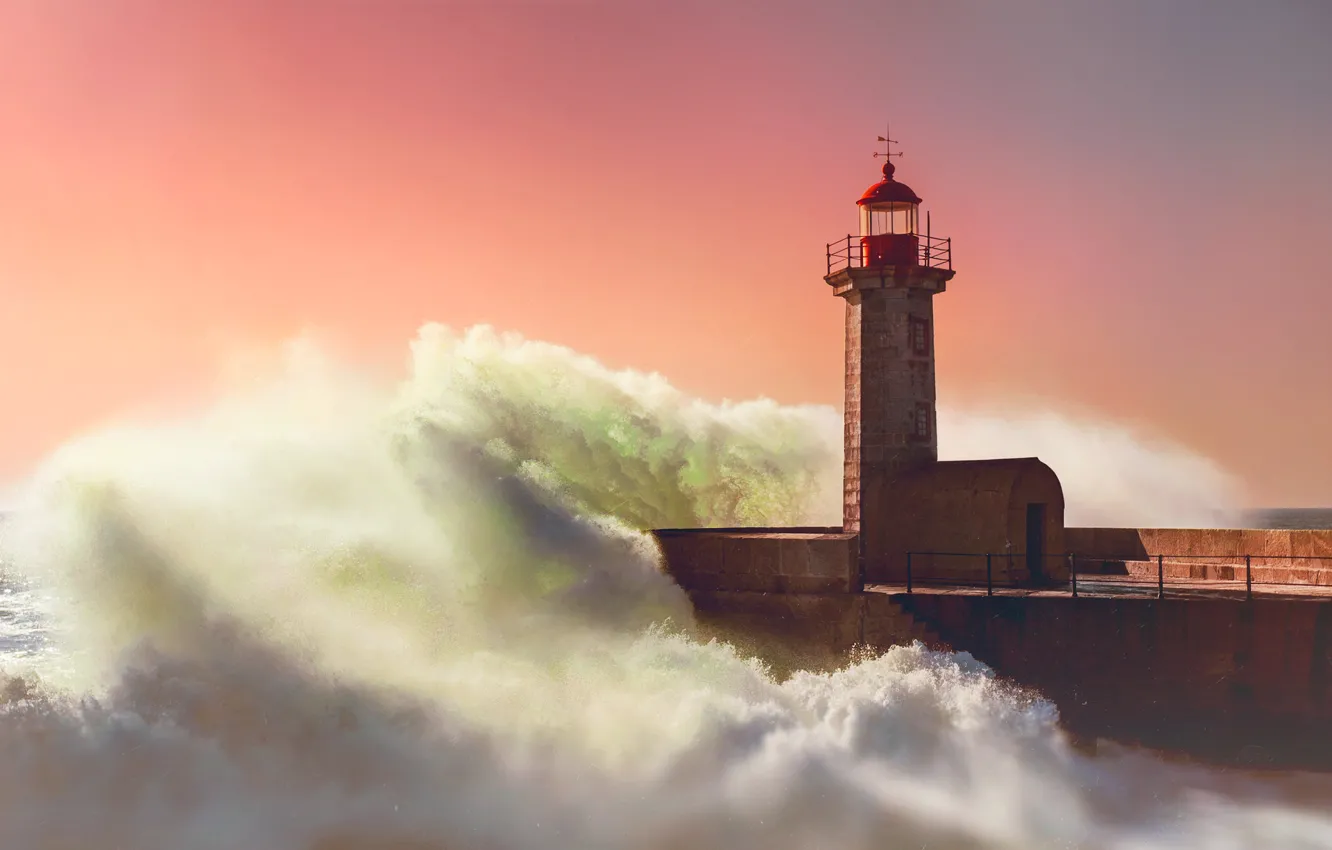 Photo wallpaper sea, wave, sunset, lighthouse, the evening