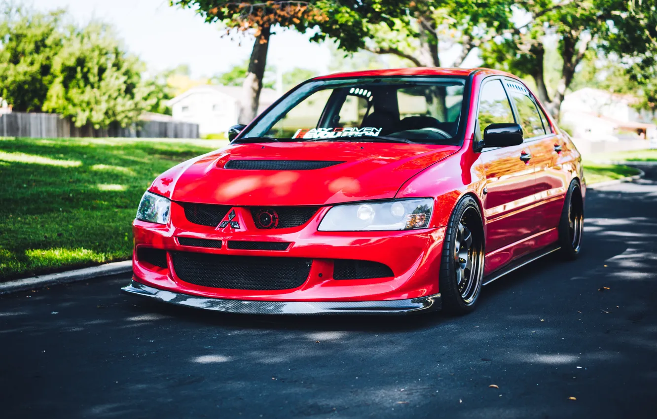 Photo wallpaper Evolution, Evo, Mitsubishi, Red, Lancer, Lancer Evolution 8, Road