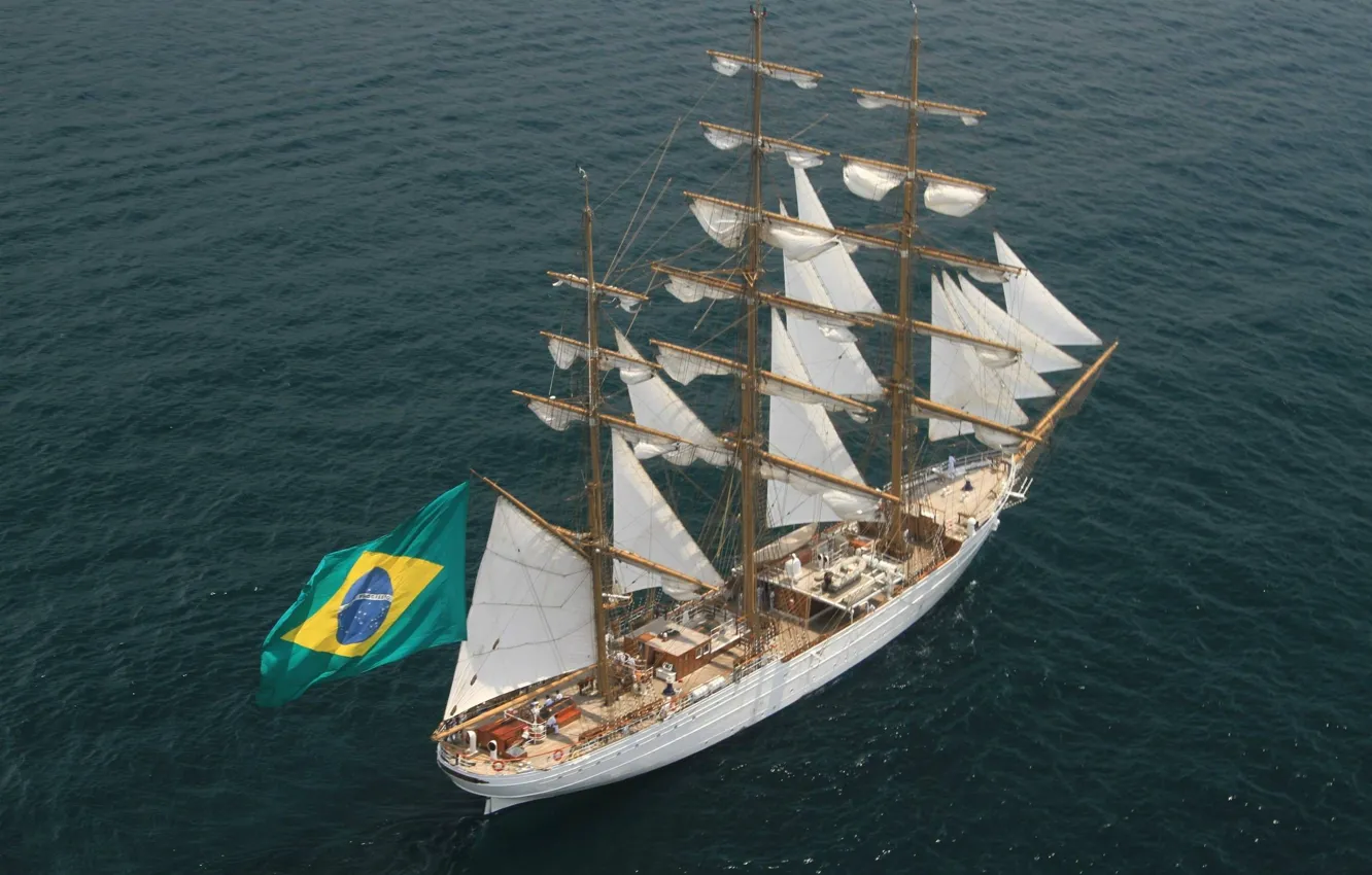 Photo wallpaper sea, flag, Brazil, Navy, sailboat, Navy of Brazil, Sailboat White Swan, White Swan