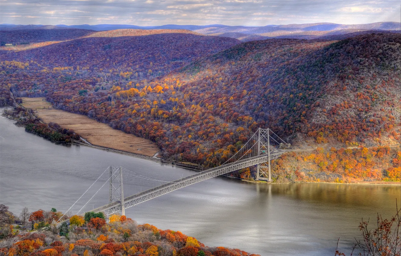 Photo wallpaper autumn, forest, the sky, mountains, bridge, river, slope