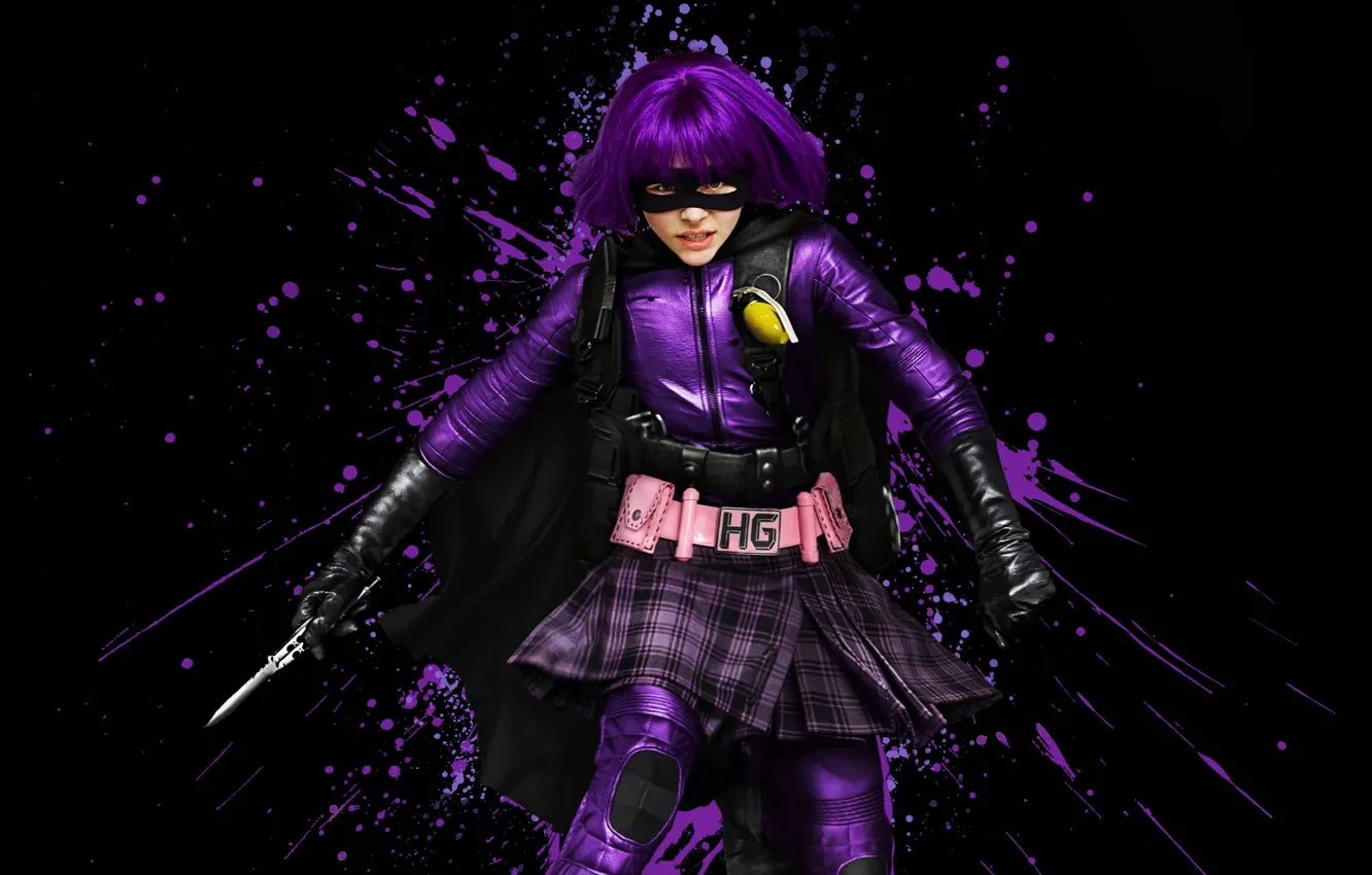 Photo wallpaper mask, costume, knife, black background, vest, hit girl, Chloe Grace Moretz, Chloë Grace Moretz
