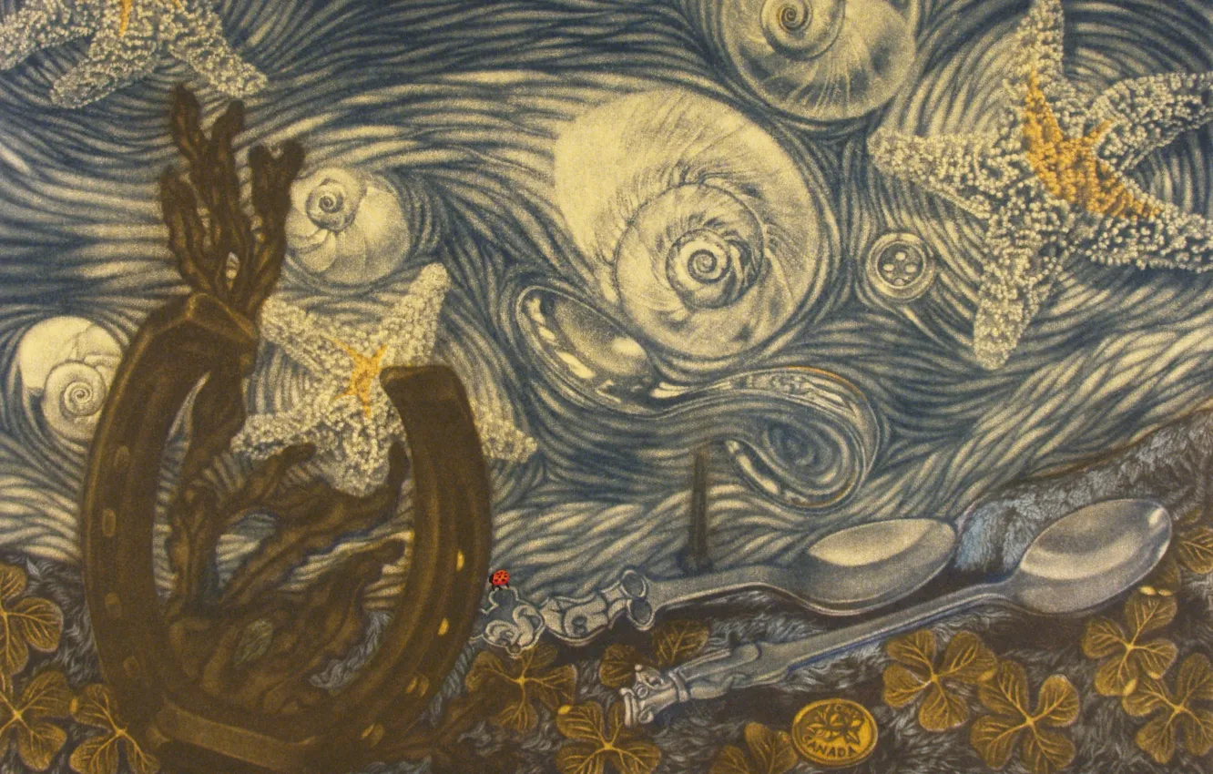 Photo wallpaper spoon, shell, coins, horseshoe, Kath Rutherford, Lucky star, Mezzo-Tinto