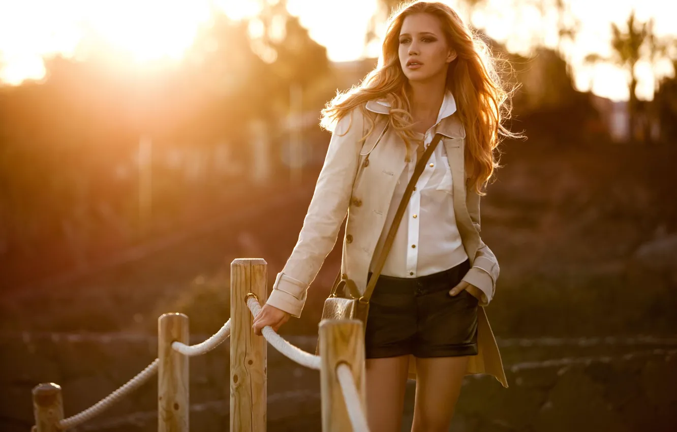 Photo wallpaper girl, shorts, long hair, legs, photo, sunset, model, lips