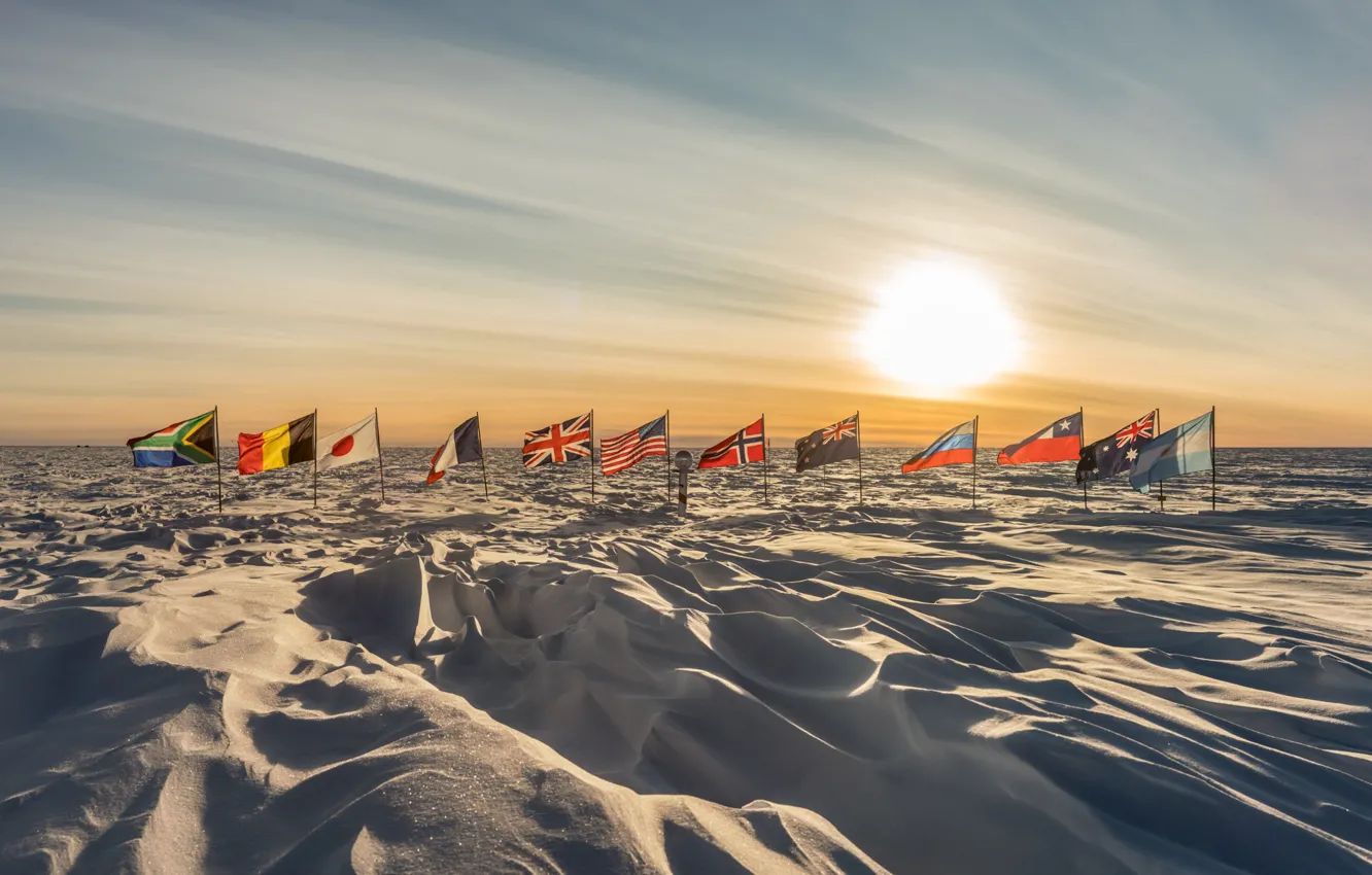 Photo wallpaper sunrise, flags, Antarctica, south pole