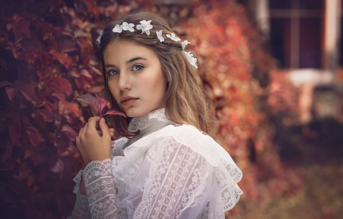 Photo wallpaper look, girl, face, portrait, hands, wreath, Tanya Markova