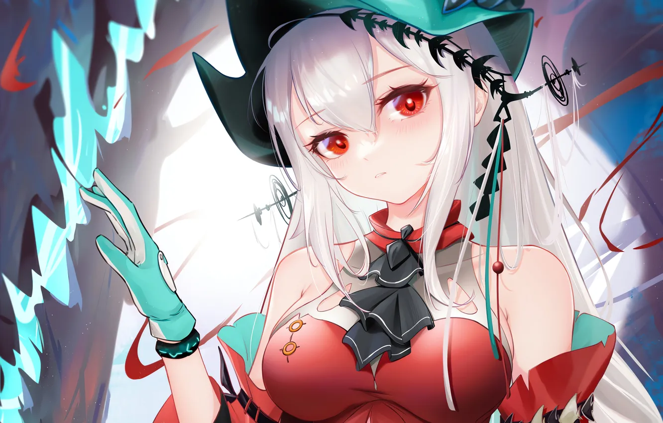 Photo wallpaper girl, blouse, long hair, hat, boobs, anime, beautiful, red eyes