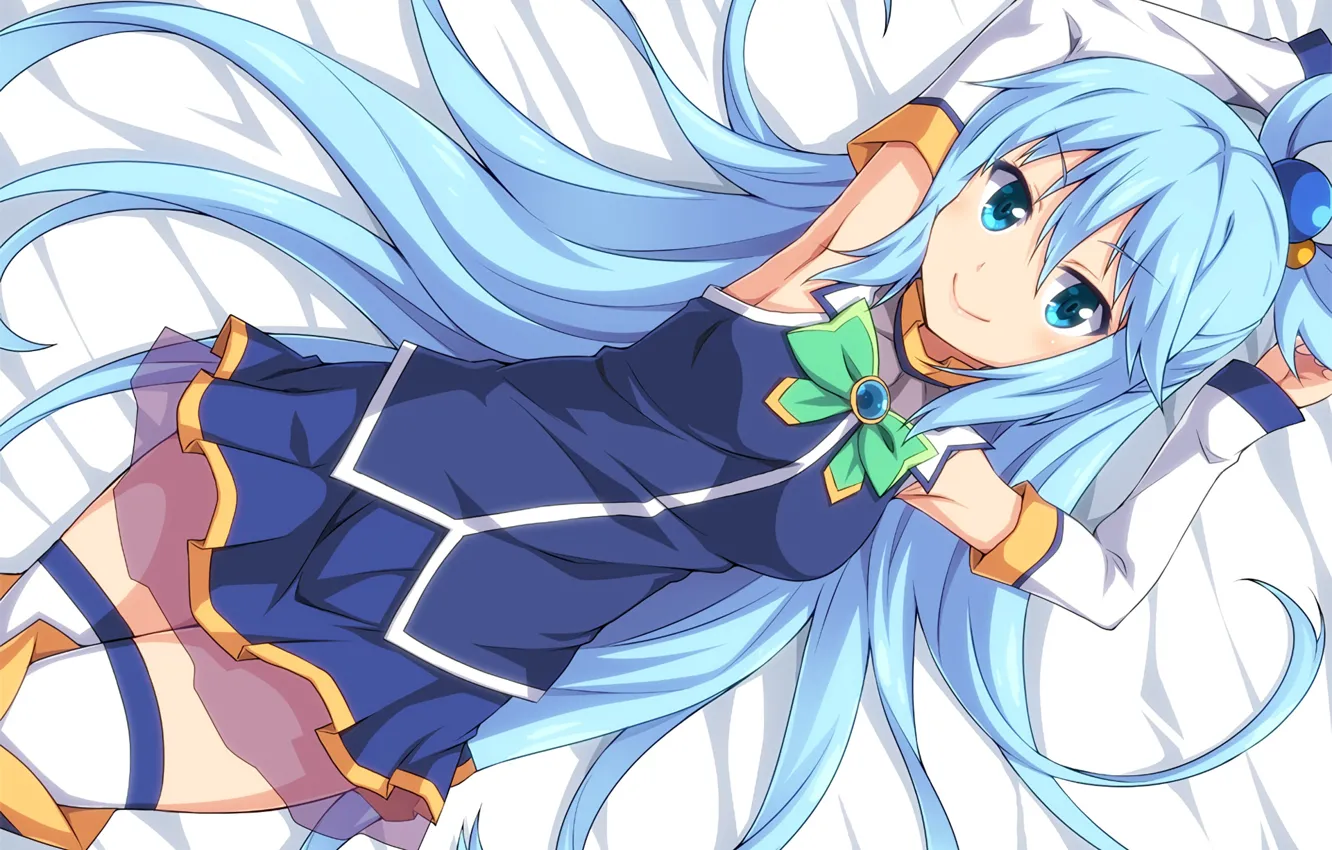 Photo wallpaper girl, background, lies, long hair, anime, Aqua, art, goddess