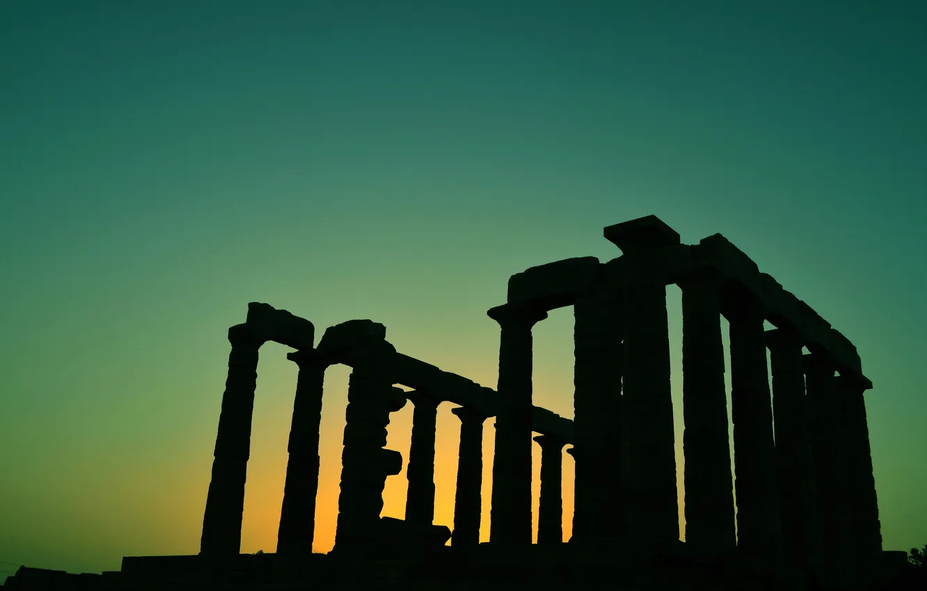 Photo wallpaper the sky, Greece, glow, columns, architecture, Temple of Poseidon