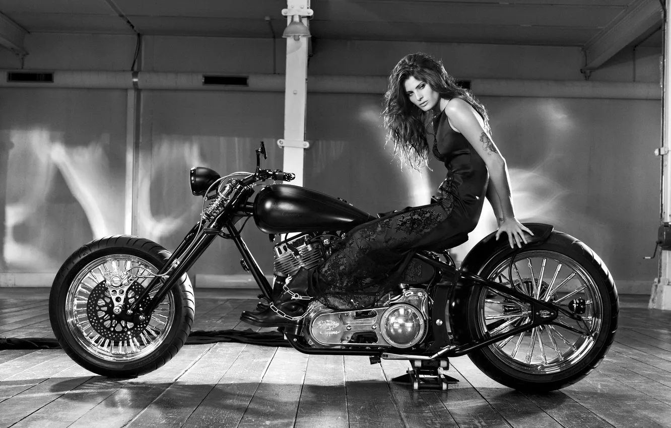 Photo wallpaper girl, model, boots, dress, brunette, motorcycle, black and white, Isabel Fontana