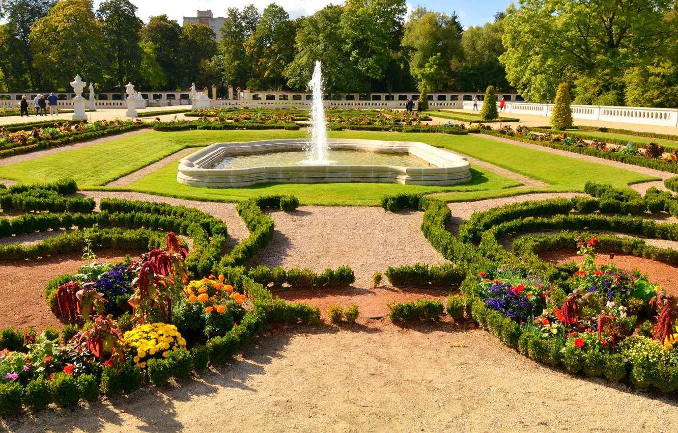 Photo wallpaper trees, flowers, design, lawn, garden, Poland, fountain, the bushes